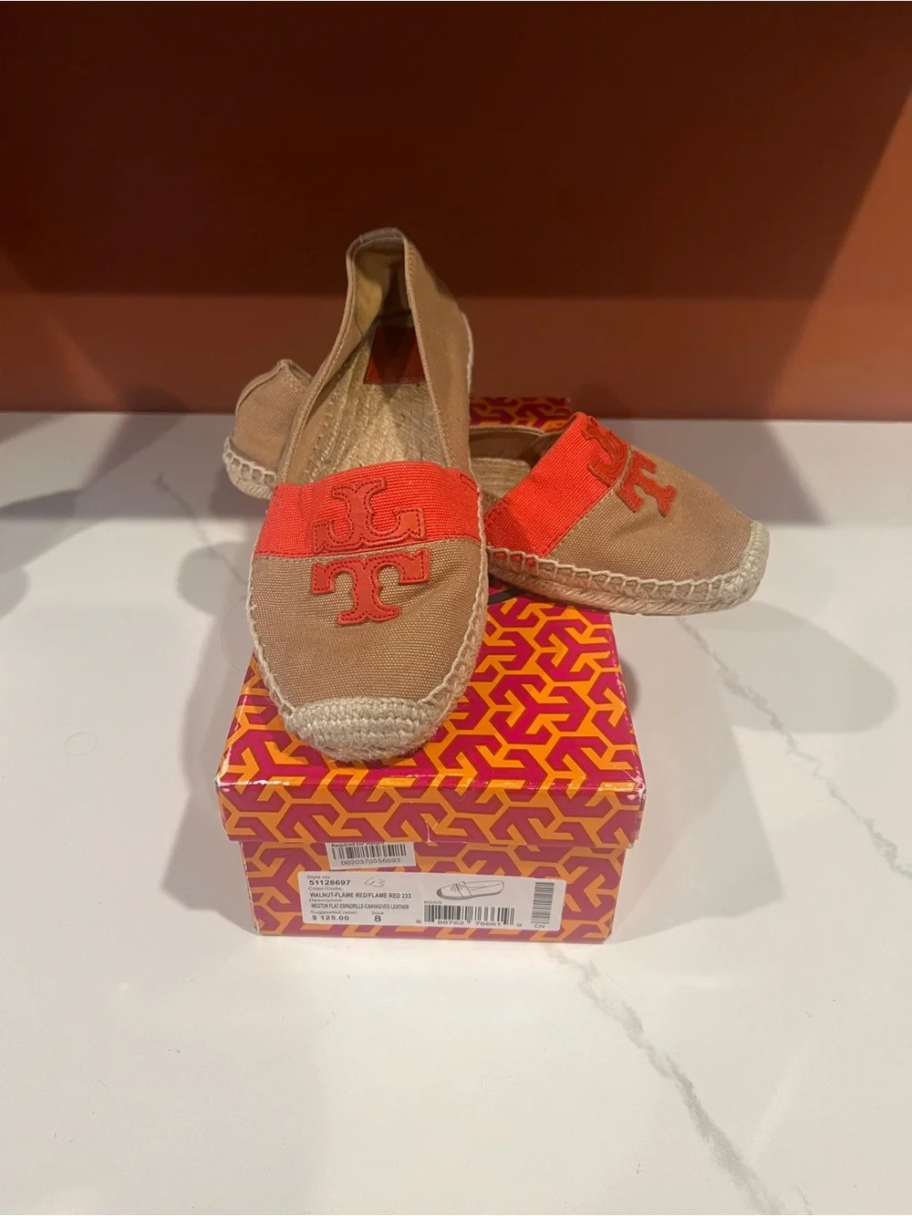 Tory Burch Tan Canvas Espadrille Flats with Coral Logo Band